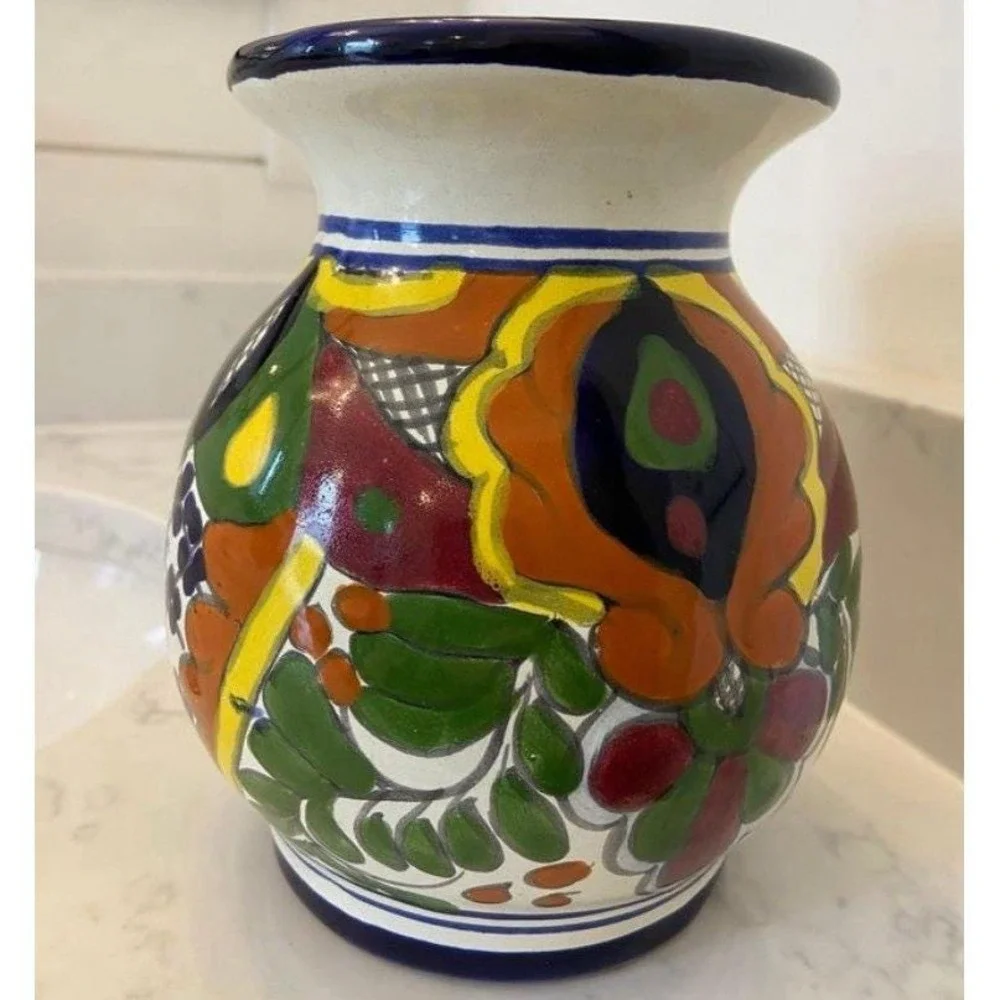 Vintage Talavera Pottery‎ Vase Hand Painted Florals And Traditional Colors EUC